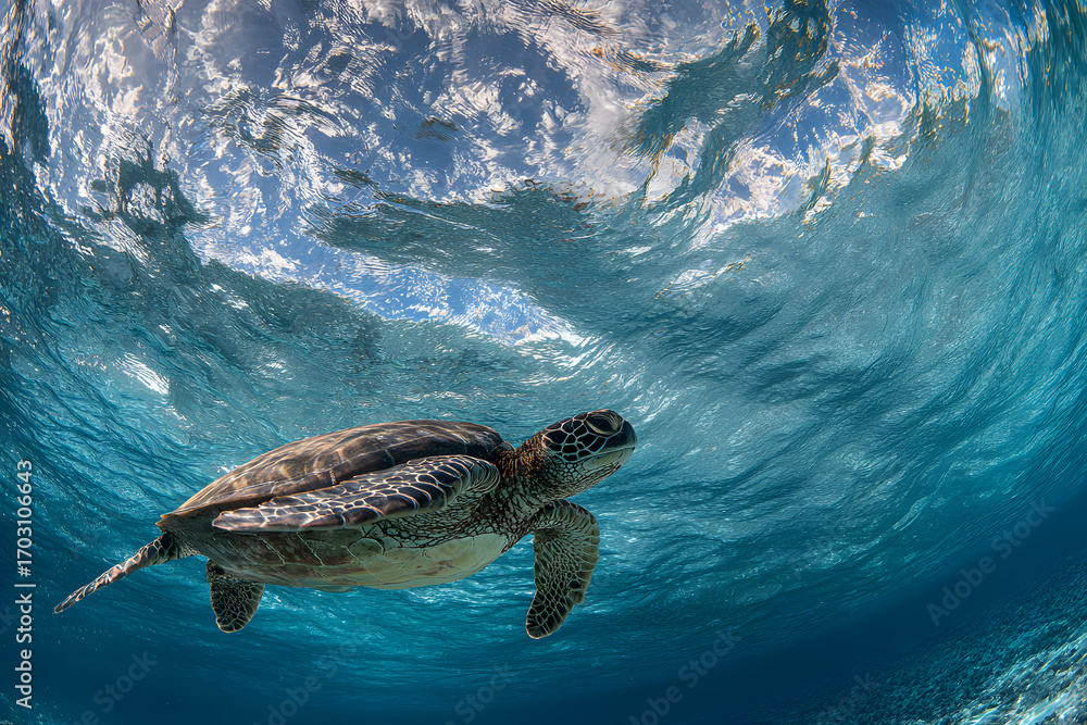 Obraz premium Underwater view of a graceful sea turtle swimming through clear blue ocean waters.