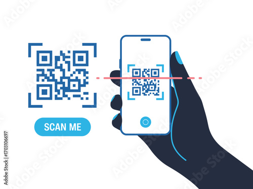 Hand using smartphone scanning qr code for contactless payment with barcode reader mobile phone digital verification for web app ui design landing page banner