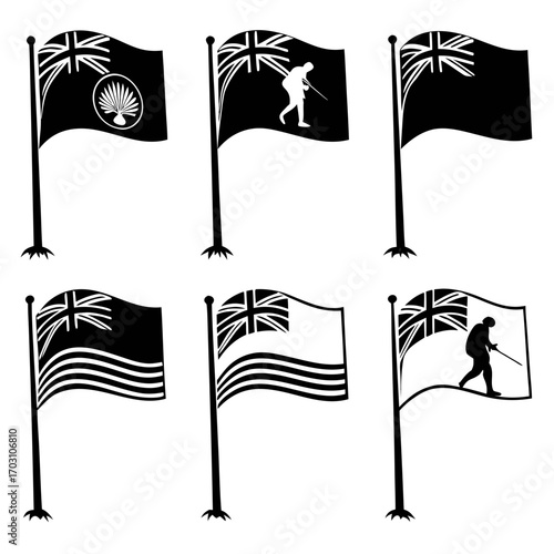 Collection of six black and white silhouette flags on poles featuring the union jack and various emblems including a palm frond and a soldier figure