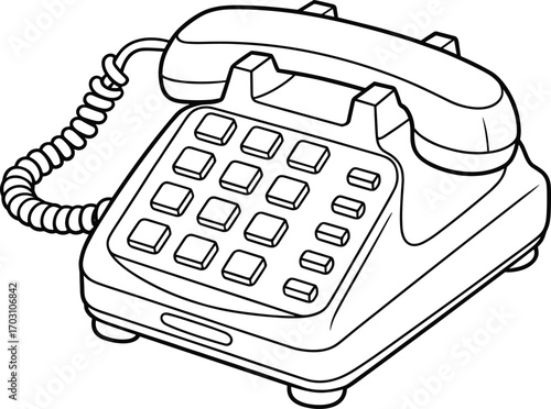 Classic push-button landline telephone with corded handset, retro analog communication device, vintage office phone, black and white line drawing