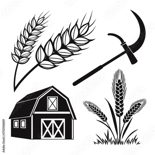 Collection of black and white vector illustrations representing agriculture including wheat stalks a barn and a sickle tool