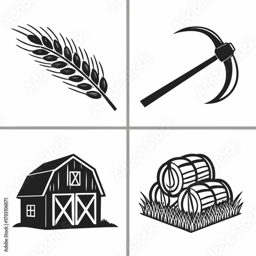 Collection of agricultural icons featuring wheat pickaxe barn and barrels on grass