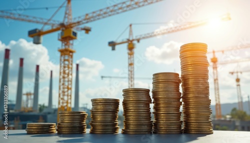 Stacks of gold coins ascend with construction cranes, industrial towers in background. Symbolic image represents rising costs in construction finance, investment, project budgets, economic growth,