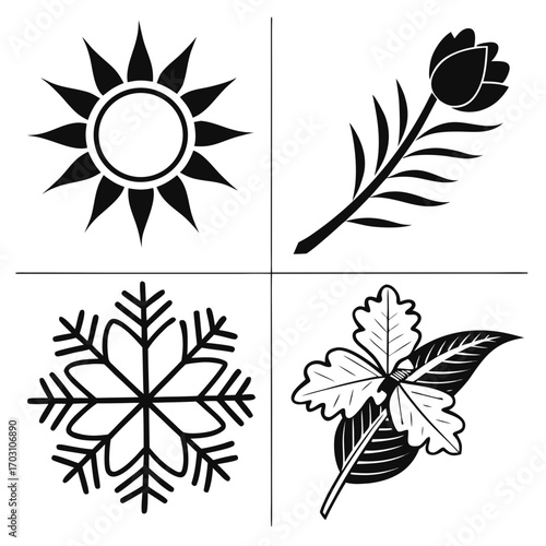 Four seasons icons representing summer winter spring and autumn with stylized sun snowflake flower and leaves in black and white