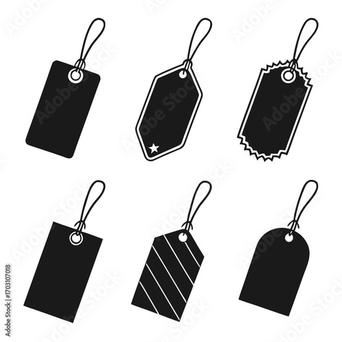 Collection of six different black silhouette price tags and labels with strings on a white background