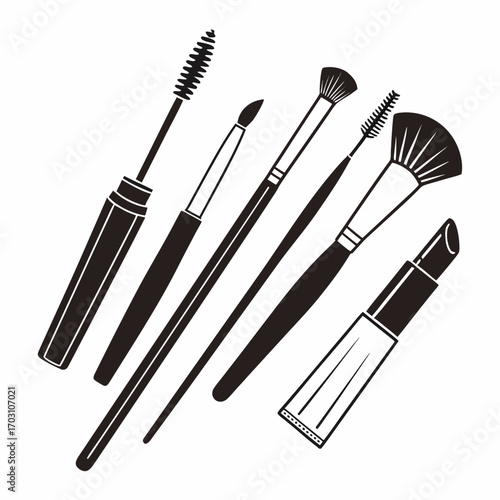 Collection of black silhouette makeup tools including mascara lipstick and various brushes arranged diagonally on a white background