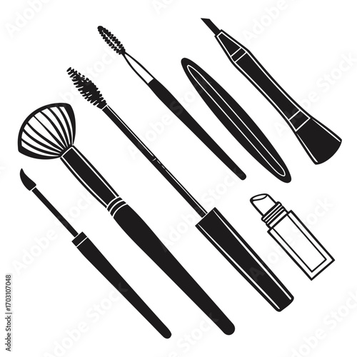 Collection of black silhouette makeup brushes and cosmetic applicators arranged diagonally on a white background