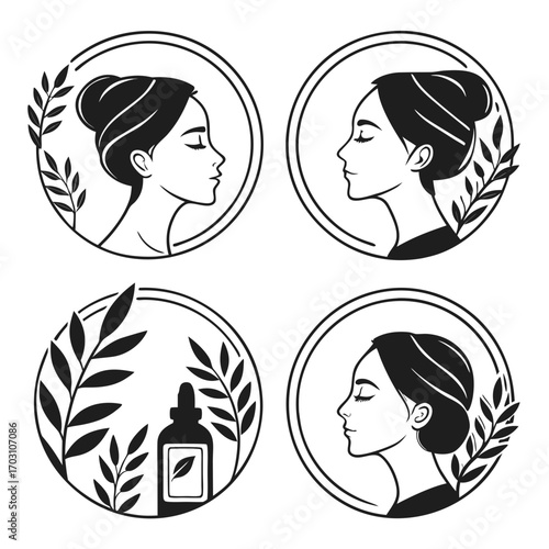 Set of four circular emblems featuring elegant female profiles and botanical elements symbolizing beauty and natural skincare