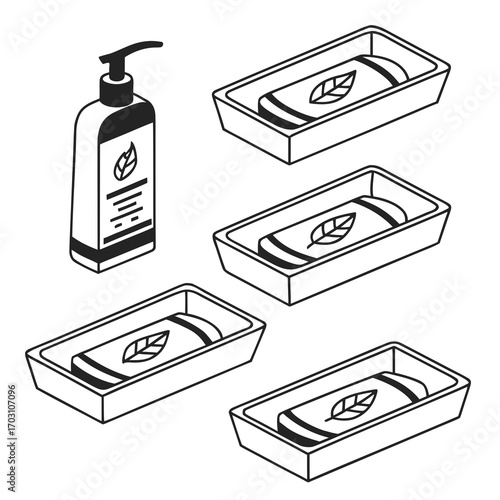 Set of isometric line art icons representing a dispenser bottle and four soap bars in soap dishes with leaf symbols