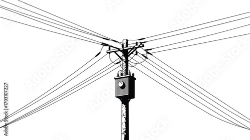 Electric utility pole with multiple power lines, high voltage transmission, urban infrastructure, energy distribution system, black and white illustration