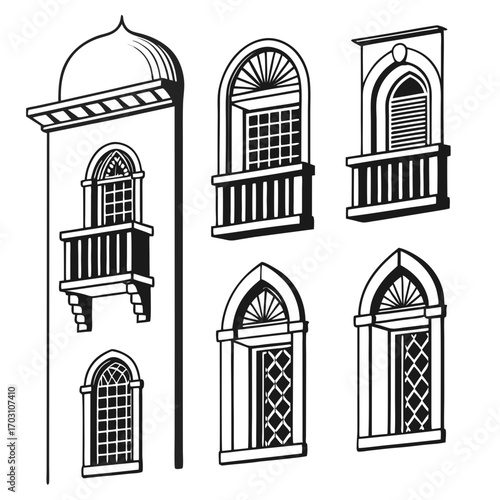 Collection of ornate architectural windows and balconies featuring arched designs and decorative grilles in a classic black and white style