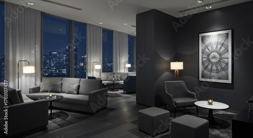 Sophisticated urban lounge with city views at night offers a tranquil escape, perfect for upscale hospitality branding or luxury real estate marketing campaigns