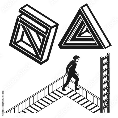 Man in suit ascending stairs towards impossible geometric shapes and ladder representing ambition and abstract concepts