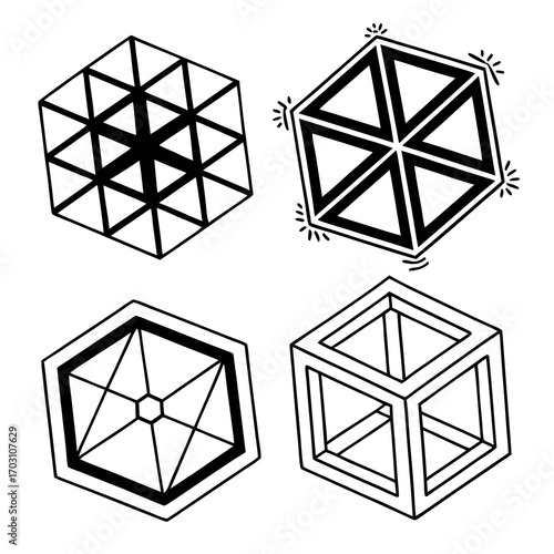 Four abstract geometric shapes in a clean black and white line art style representing cubes and hexagons with internal structures