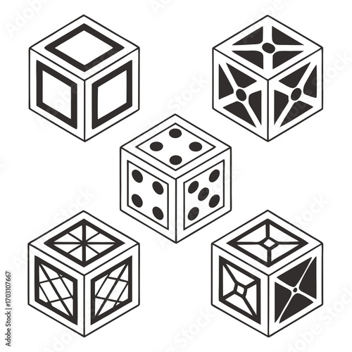 Collection of five isometric dice illustrations with different patterns and a standard dice showing dots for numbers