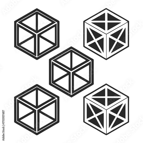 A collection of five isometric cube outlines some with internal bracing presented in a graphic design style on a white background