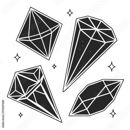 A collection of four stylized black and white geometric diamond shapes with sparkling star accents scattered around them on a white background
