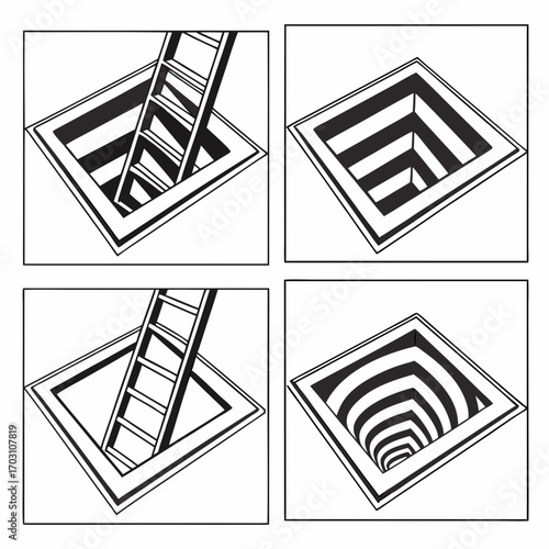 Four graphic illustrations depicting open square manholes with ladders and descending optical illusions of depth and perspective