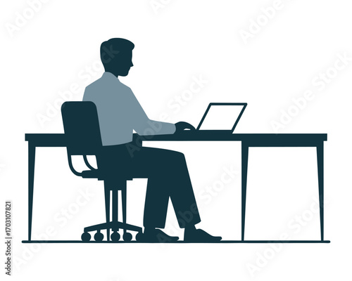 An illustration of a man in silhouette sitting at a desk and working on a laptop computer in an office environment