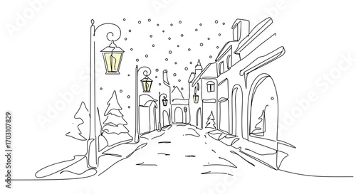 Winter street scene with simple line art, snow, and decorated buildings  