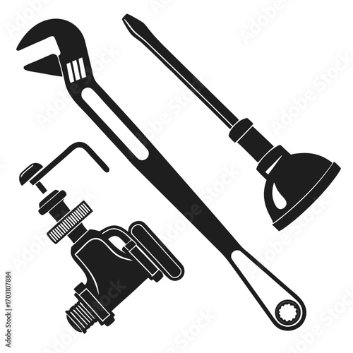A collection of plumbing tools including a pipe wrench a plunger and a faucet valve presented as a black silhouette on a white background