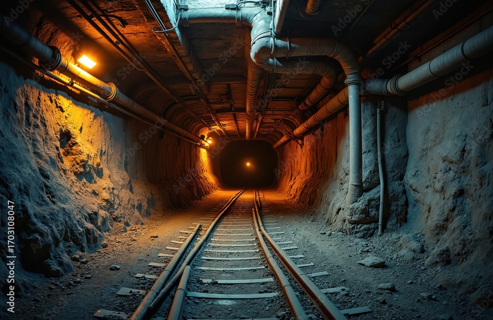 Naklejka premium Underground mine tunnel with rail tracks leading into darkness. Pipelines run along ceiling. Dim lights illuminate rough rock walls, dusty floor. Industrial engineering, geology setting for mineral