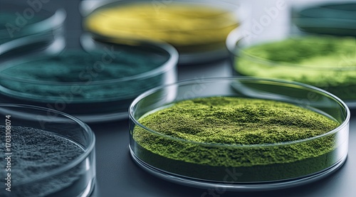 Green powder samples in petri dishes