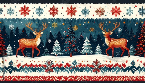 Festive woodland scene with deer and Christmas trees