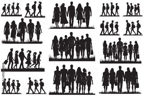 Silhouettes of People Walking in Groups on Grass vector