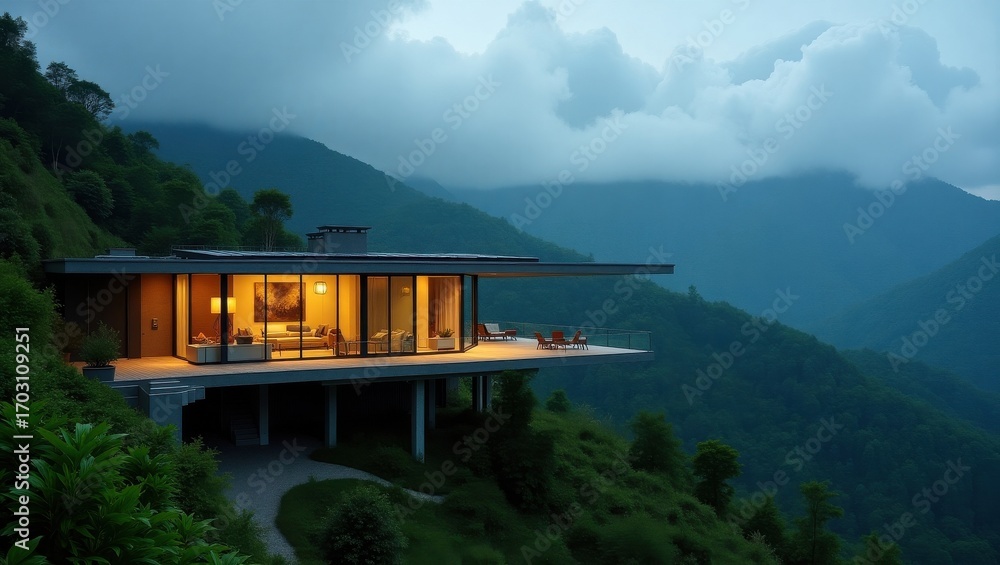 Naklejka premium Modern glass house perched on a steep mountain cliff at dusk