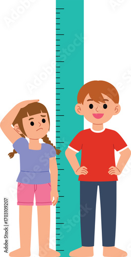 young girl compare height with happy boy cartoon, tall chart size, smile kid character checking height , children measuring height with ruler illustration