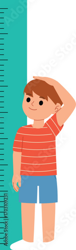 happy boy cartoon measuring height with ruler, tall chart size, smile kid character checking height illustration