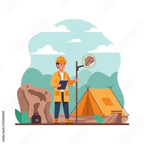 A geologist examines a rock sample near a campsite in a scenic outdoor setting.