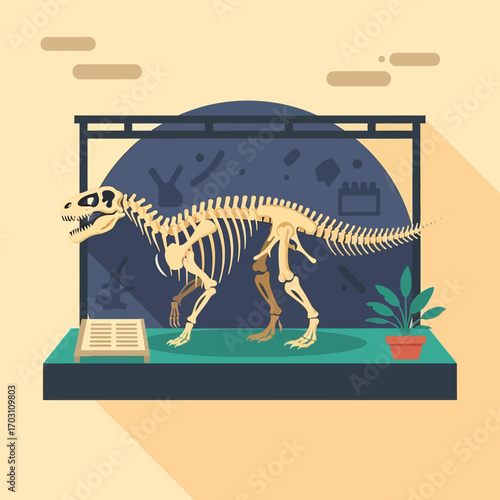 Flat vector illustration of a dinosaur skeleton exhibit in a natural history museum, representing paleontology and ancient history