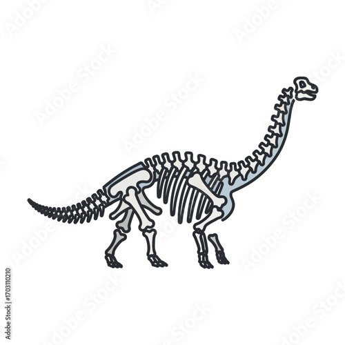 Side view of a dinosaur skeleton, highlighting the skeletal structure.
