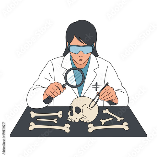 Scientist meticulously examines a skull and bones with a magnifying glass and tweezers.