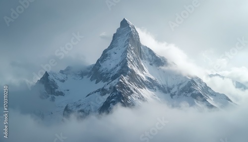 Wallpaper Mural Majestic snow-capped mountain peak shrouded in mist creates breathtaking winter mountain landscape. Clouds and fog add depth to serene, dramatic scenery. Cold, remote wilderness at high altitude. Torontodigital.ca