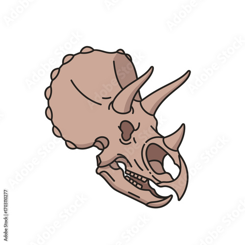 Stylized Triceratops skull illustration, pale brown tones, detailed line art.