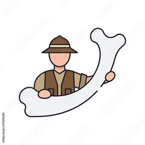 Cartoon illustration of a man in safari attire holding a large bone, isolated on white background.
