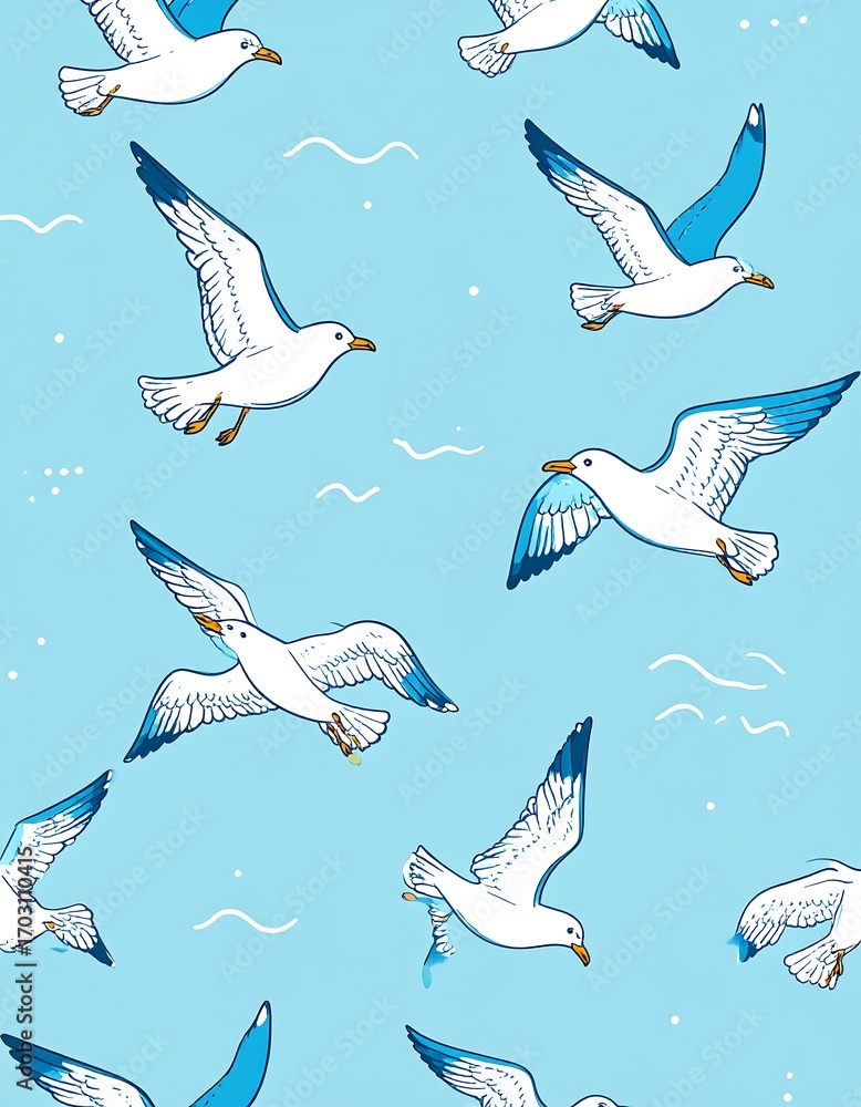 Fototapeta premium Seagulls in flight, light blue background