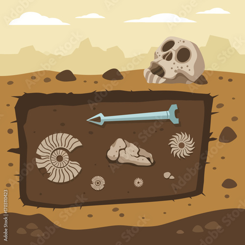 Archaeological dig site revealing ancient artifacts, including a skull, arrowhead, and fossils.