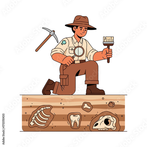 An archaeologist kneeling, examining fossils with tools, in a layered earth cross-section.