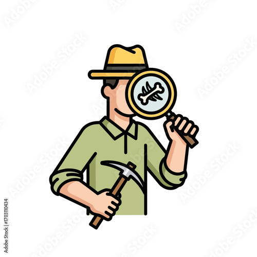 Man in hat examining fossil with magnifying glass, holding pickaxe.