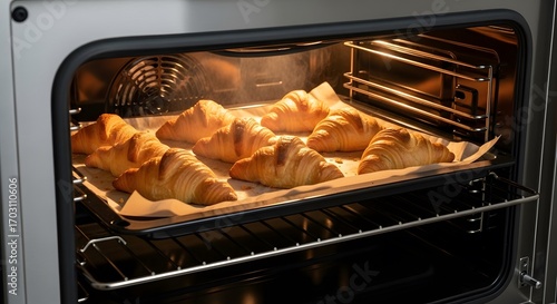 A baking sheet with several freshly baked, golden-brown croissants is shown inside a modern, professional oven with the door open.