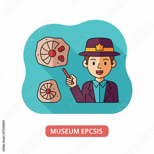 Paleontologist character pointing at ancient ammonite fossils. Flat design vector icon illustrating a museum exhibit on prehistoric life and science