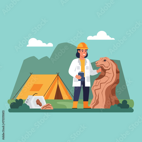 A woman archaeologist examines a carved stone sculpture near a campsite in a mountainous landscape.