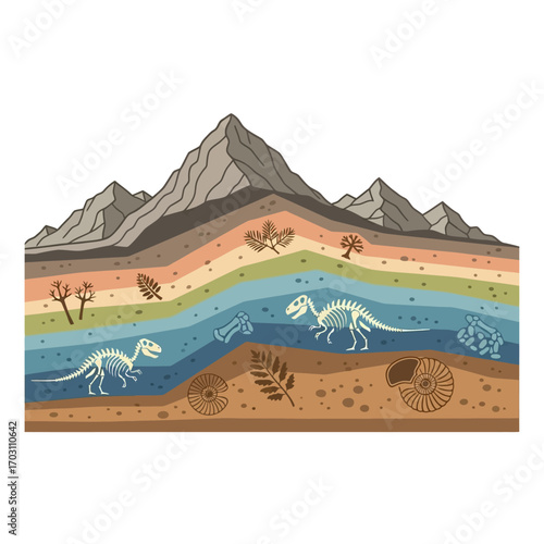 Cross-section of Earth showing fossilized dinosaurs and prehistoric plants within layered rock strata.