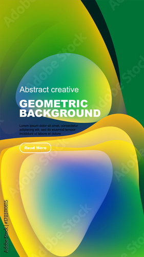 Vibrant abstract design features overlapping colorful shapes. Text block present with read more button. Modern, dynamic composition.