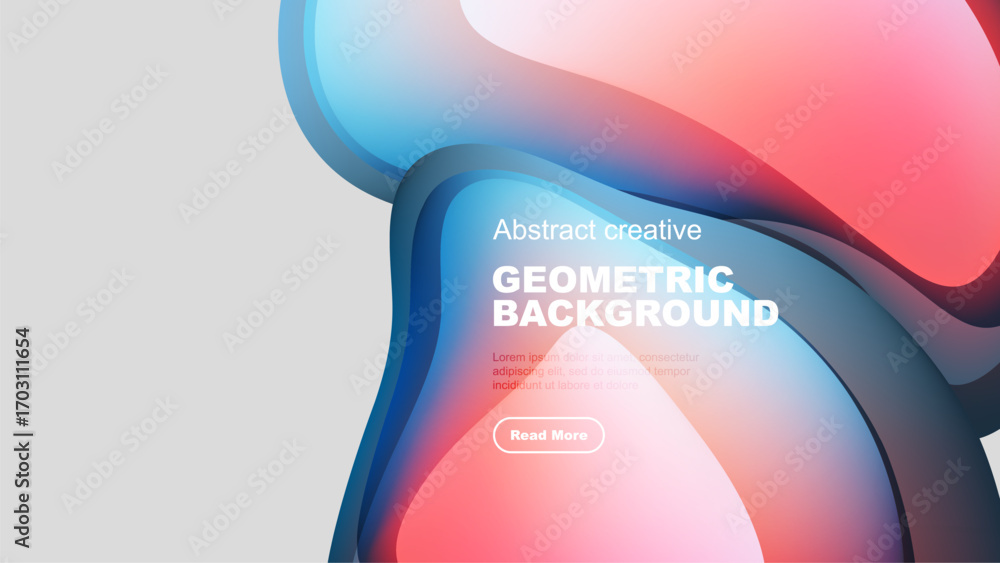 Fototapeta premium Abstract fluid shapes blend, creating vibrant geometric background. Text overlay invites further exploration. Modern design elements present.
