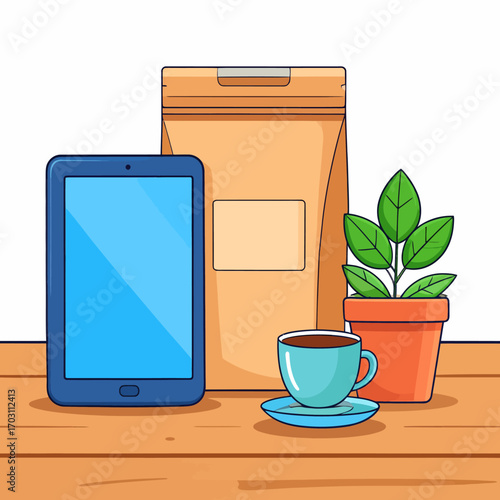 Still life illustration of a workspace with a digital tablet, coffee cup, plant, and a paper pouch with a blank label for mockups